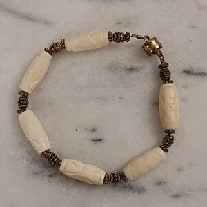 Vintage Brass Beads & Carved Ivory Bone Bracelet With Strong Magnetic Clasp